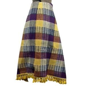 Vintage 70s Plaid Knit Skirt Womens (XS) Handkerchief Hem Tassel‎ Fringe Lined